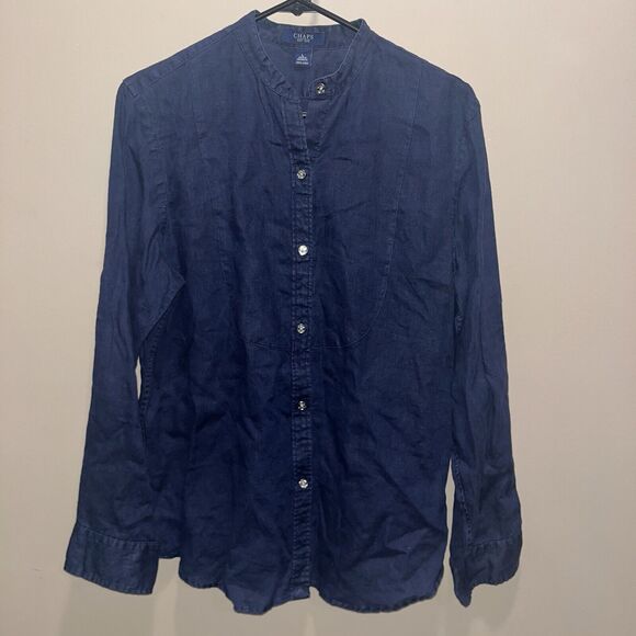 Chaps Women's Navy Linen Button Up L Collarless Classic Minimalist Norm Core - Picture 1 of 8